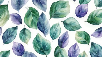 A vibrant pattern of watercolor leaves in various shades of green and purple on a white background.