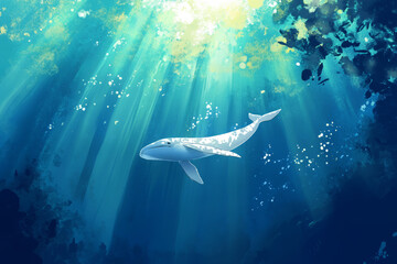 Obraz premium Illustration of a large, majestic whale gliding through the deep blue ocean, with sunlight filtering through the water above. The whale graceful movements are captured in this serene underwater scene.
