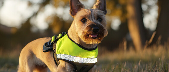 Terrier Dog Wearing Reflective Safety Gear for Outdoor Adventures Ensuring Visibility and Protection During Day and Night Walks in Urban and Rural Settings