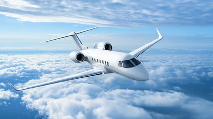 Fototapeta premium A white plane flies in a blue sky with clouds.