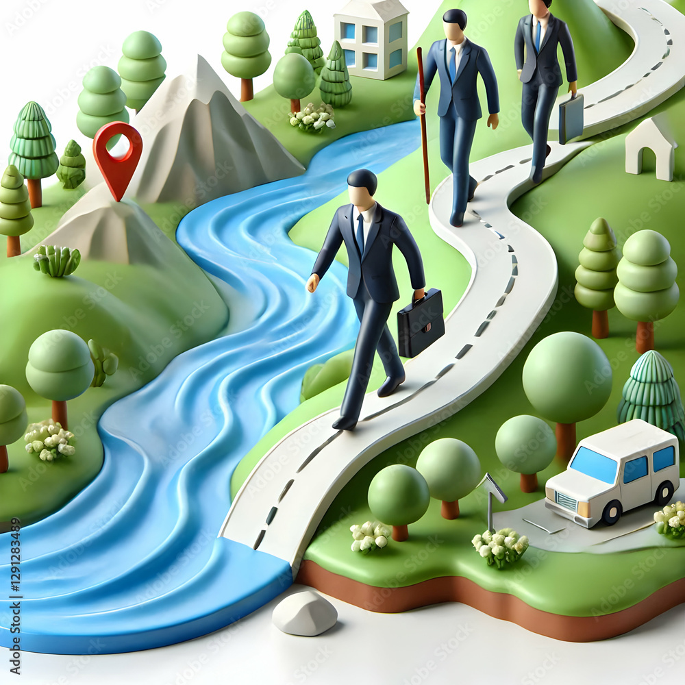 Poster 3d landscape icon: business team navigating riverside terrain - symbolizing teamwork and overcoming 