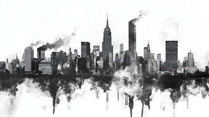 Obraz premium Abstract black and white city skyline with smoke and reflections, artistic urban landscape illustration