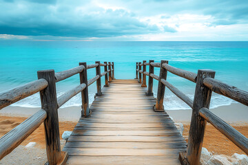 Tropical Wooden Pier Extending into Turquoise Ocean &ndash; Scenic Beach Paradise with Blue Sky perfect for travel, vacation destinations, relaxation, and beach paradise themes.