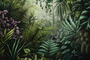 A detailed botanical illustration of a lush rainforest, showcasing various exotic plants, ferns, and vines. The rich green tones and layered foliage create a sense of depth and mystery.