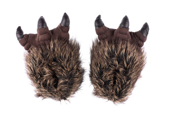 fur slippers with claws isolated on white background