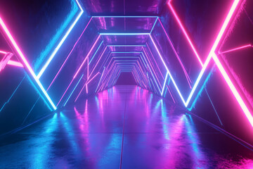 Fototapeta premium A futuristic neon tunnel with glowing geometric shapes in electric blue and purple. The perspective draws the viewer in, creating a sense of motion and depth, perfect for sci fi and cyberpunk themes.