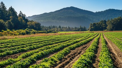 A sustainable farm with cover crops growing to prevent soil erosion and maintain nutrients.