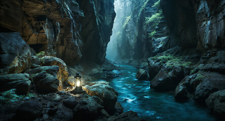 Hidden Valley with Glowing Blue Fungi and a Tranquil Stream