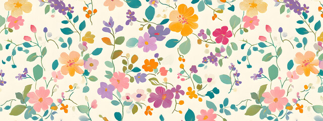 Design an elegant pattern featuring small, colorful flowers in shades of pink and purple on a cream background
