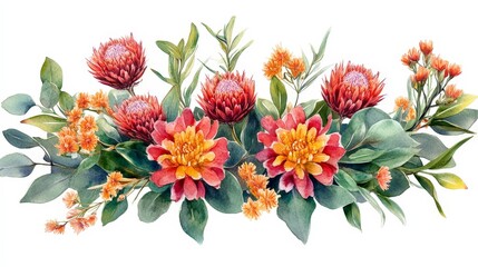 A vibrant watercolor floral arrangement featuring various colorful flowers and greenery.