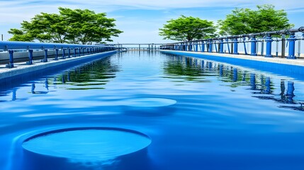 Tranquil Blue Waters of a Modern Pool Surrounded by Lush Green Trees and Clear Sky
