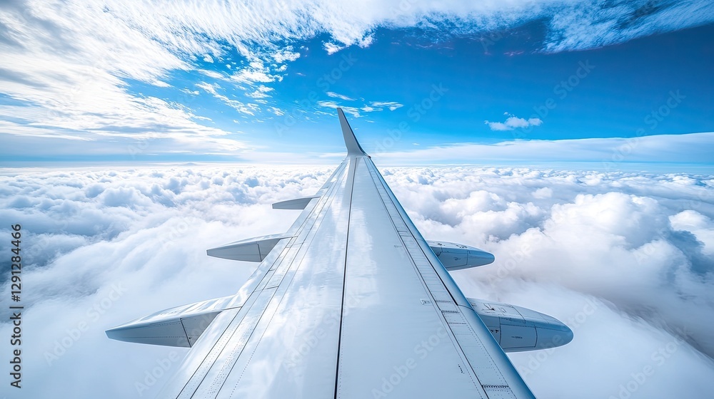 Poster a top-down view of an airplane wing slicing through the clouds, with vivid blue sky surrounding the 
