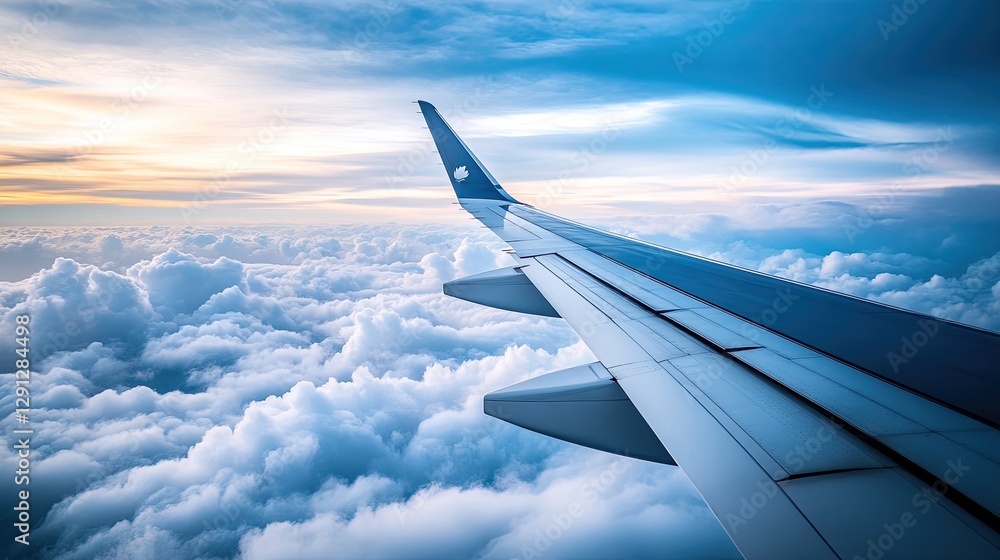 Poster a top-down view of an airplane wing slicing through the clouds, with vivid blue sky surrounding the 