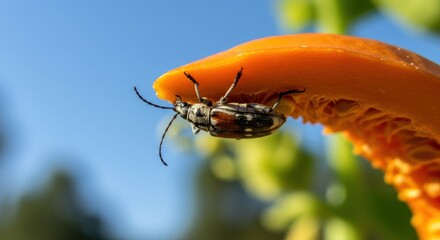 Close-up of a seed beetle perched on a vibrant orange mushroom cap under a clear blue sky