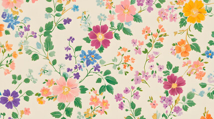Design an elegant pattern featuring small, colorful flowers in shades of pink and purple on a cream background
