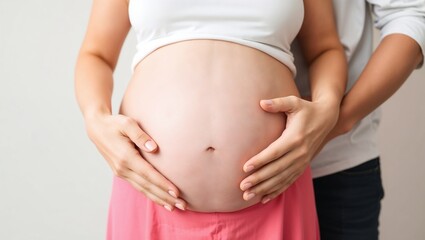 A close-up image of a pregnant woman, gently holding her baby bump with both hands. The couple's hands are lovingly placed around her belly, highlighting the joy and intimacy of the pregnancy.