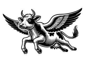 Fototapeta premium Cow flying sketch engraving black and white outline. Scratch board imitation. 