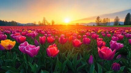 Obraz premium A tulip field in full bloom with vibrant colors stretching towards the horizon, under soft morning light.