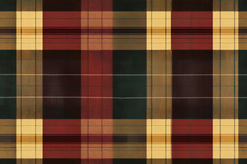 Illustration of a classic plaid design in warm earth tones of burgundy, mustard, and forest green. The pattern is bold and timeless, evoking cozy autumn vibes and perfect for woolen scarves and