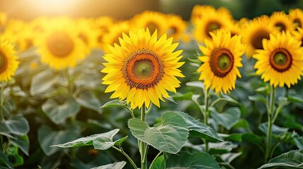 A vibrant sunflower field with towering yellow blooms facing the sun, their green leaves creating a dense, healthy agricultural environment.