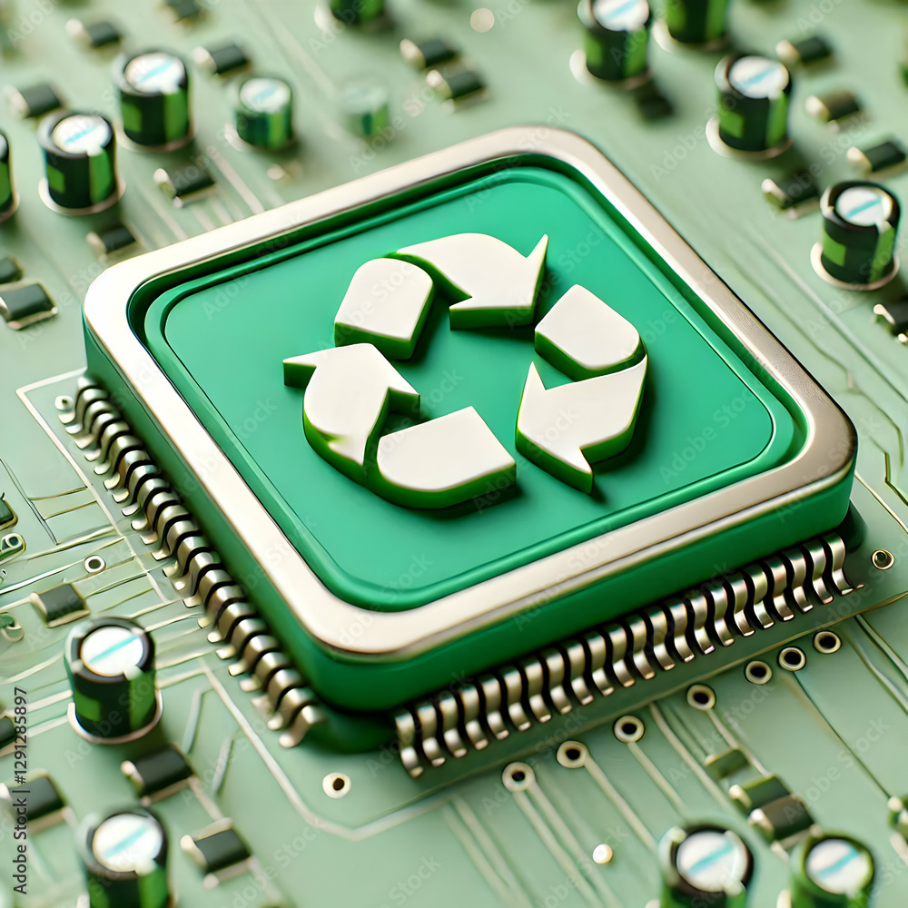 Poster 3d macro shot of electronic circuit board recycling: extreme close-up of intricate components in e-w