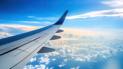 A view of an airplane wing from above the clouds, with the ocean visible far below, capturing the beauty of international air travel.