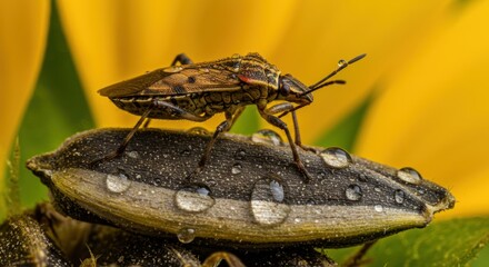 Close-up of a seed bug perched on a sunflower seed, surrounded by vibrant yellow petals and droplets