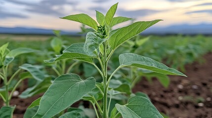 Fototapeta premium A young sunflower plant with bright green leaves, growing steadily under a soft morning sky.