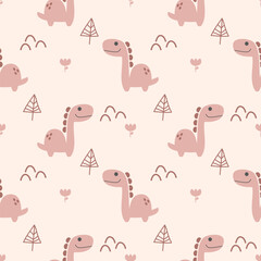 Dinosaur pink cartoon so cute. On tree flower pink background. Pattern seamless vector illustration. 