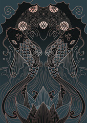 Symmetrical Asian Illustration of Koi Fish Flowing Through Waves