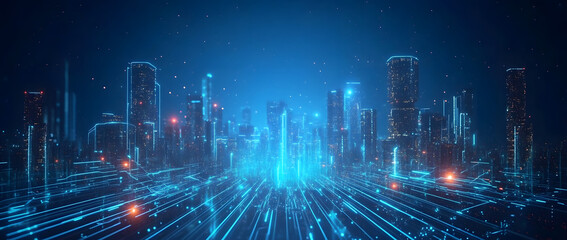 Futuristic city skyline with glowing digital lines in a blue background.