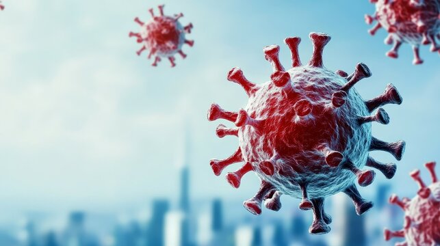 Global and Economic concept. Microscopic view of a virus with a cityscape in the background.