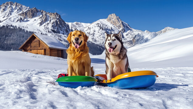 Deux chiens de race golden retriever et Husky de Sib&eacute;rie assis sur des luges au milieu d'un paysage enneig&eacute; avec une cabane de montagne en arri&egrave;re-plan, concept dr&ocirc;le et amusant.