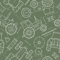 Seamless pattern with hand drawn vector tractor blueprint. Heavy vehicle sketch design. Perfect for textile, wallpaper or print design. EPS10 vector file. © MirabellePrint