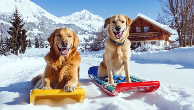 Deux chiens assis sur des luges au milieu d'un paysage enneig&eacute; avec un chalet de montagne en arri&egrave;re-plan, belle journ&eacute;e ensoleill&eacute;e d'hiver, concept dr&ocirc;le et amusant.