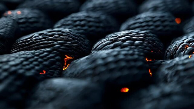 Close Up of Glowing Charcoal Embers with Fiery Heat and Textured Black s