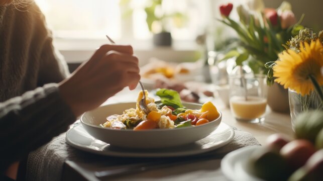 Hypertension patient enjoying a healthy meal with family. Featuring shared meals and family time