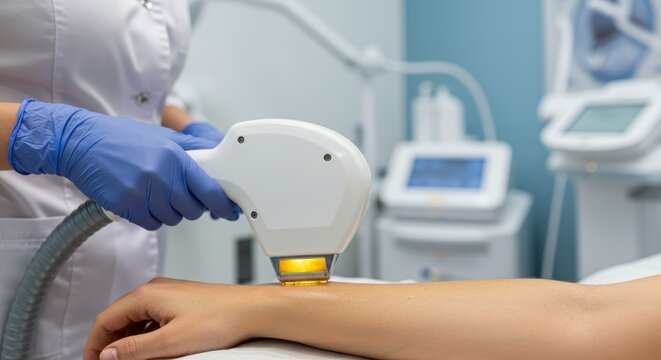 Laser Hair Removal Treatment, A Technician Applying Laser to Client's Arm for Smooth Skin in a Modern Clinic Setting