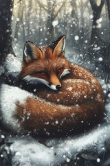 A red fox curled up in a snowy forest, its fluffy tail wrapped around its body for warmth. Snowflakes gently land on its fur as it gazes peacefully into the distance, its bright eyes filled with