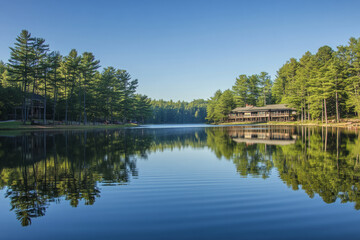 Obraz premium A calm, crystal clear lake surrounded by towering pine trees, with the reflection of the trees perfectly mirrored on the water. Soft ripples in the water suggest a gentle breeze.