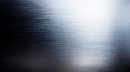 Brushed metal surface with horizontal texture in silver and black tones reflecting light in a smooth industrial background. 