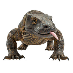 Obraz premium A 3D rendered Komodo dragon crawling forward, featuring detailed scaly textures and a flicking tongue on a white background