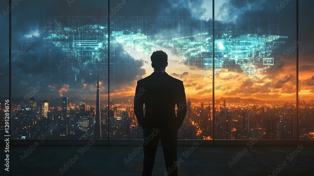 Poster transformation of business through digital encryption urban skyline visual display futuristic enviro