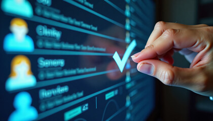 Person interacting with digital checklist on screen, selecting tasks, productivity concept