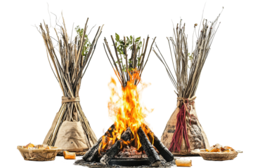 Three baskets of dried branches are arranged around a fire. ,on transparent background.