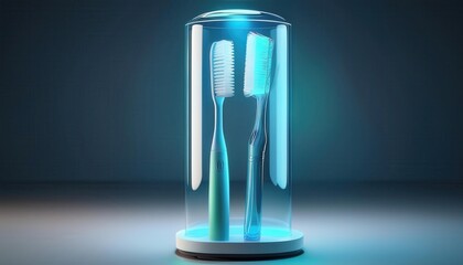Two advanced toothbrushes are showcased under a glowing dome, emphasizing dental care.
