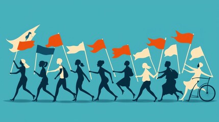 A group of women marching in a parade, each carrying a flag.