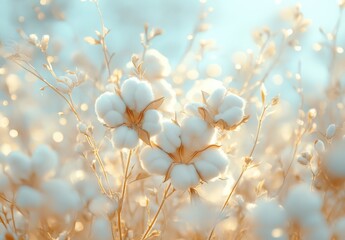 Fototapeta premium Soft Cotton Blooms in a Sunlit Field with Blurred Background and Gentle Bokeh Effect Creating a Dreamy Atmosphere for Nature and Agriculture Themes