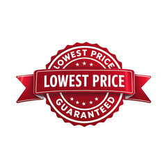 Modern red and white LOWEST PRICE GUARANTEED sticker with bold lettering, attention-grabbing sale badge for advertising and promotions