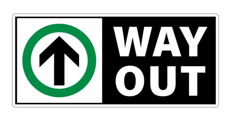 Way out. Directional sign with arrow symbol inside a green border circle and  text on the right. Black and white background.